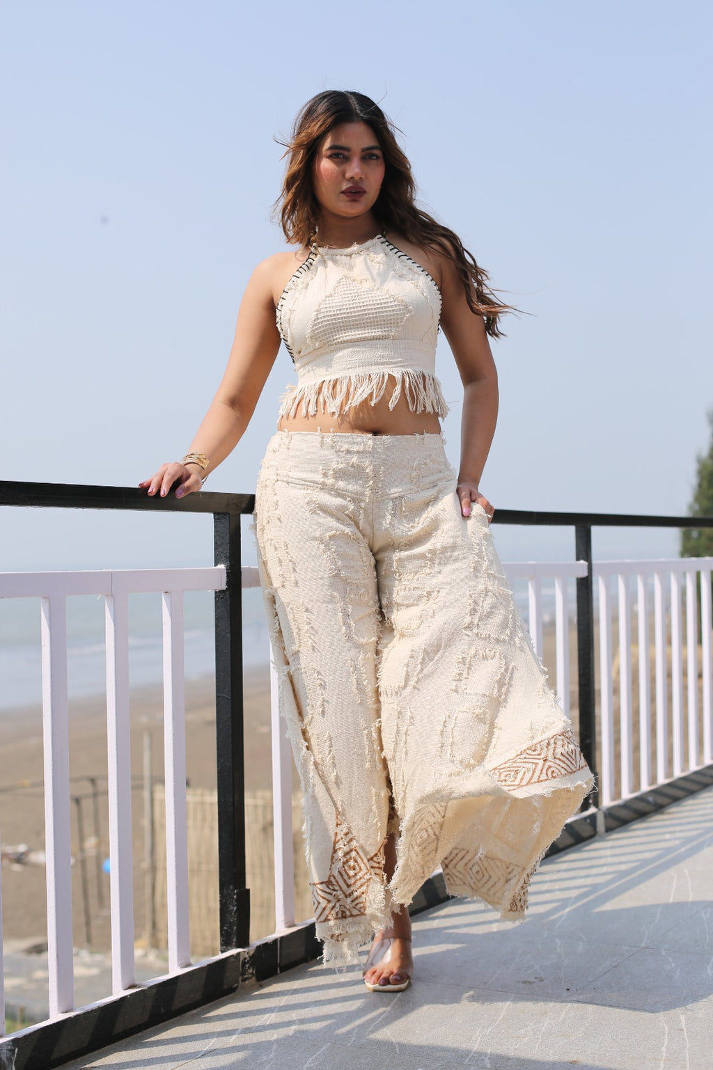 Desert Dori Women’s Primitive Cut Work Top & Block Printed Palazzo Trouser Set