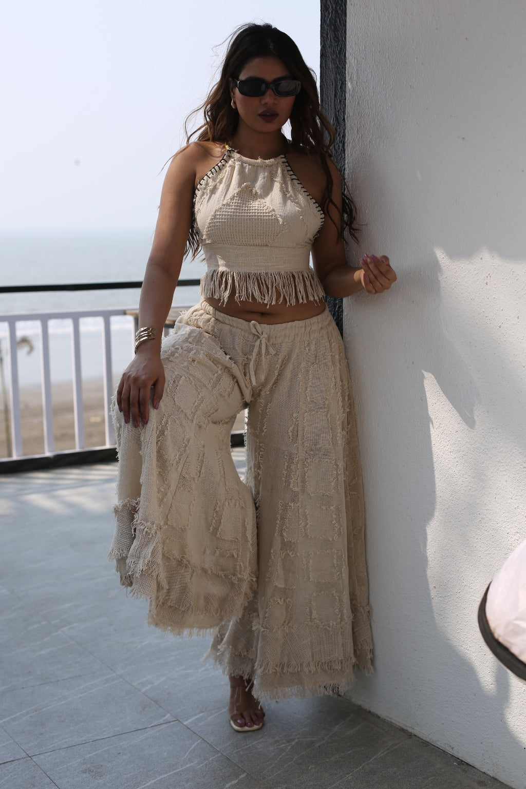 Desert Dori Women’s Primitive Cotton Cut Work Top with Flowy Palazzo Trouser Set