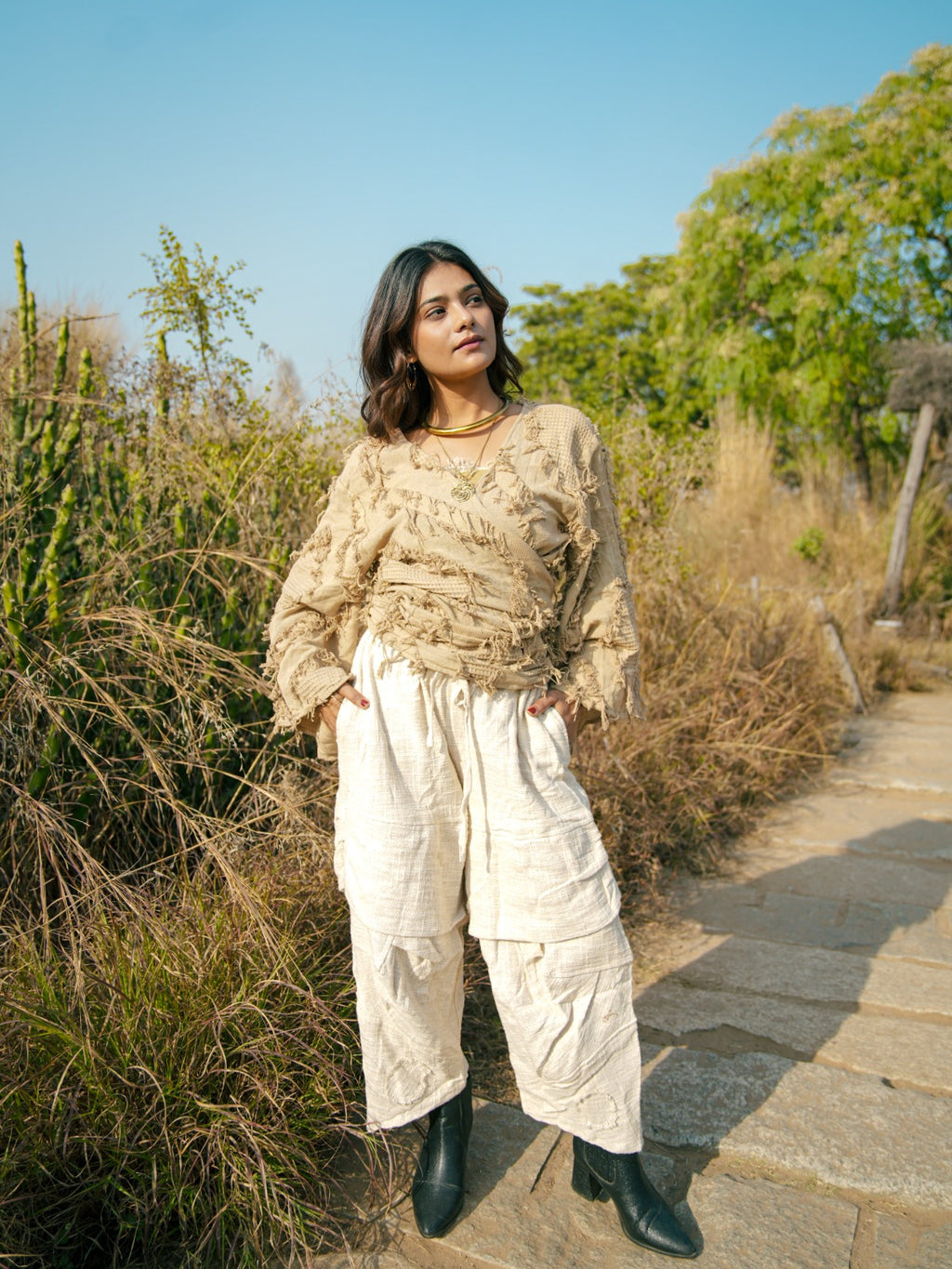 Desert Dori Raja Tie Wrap Top – Patch Work Jute Top with Bell Sleeves
