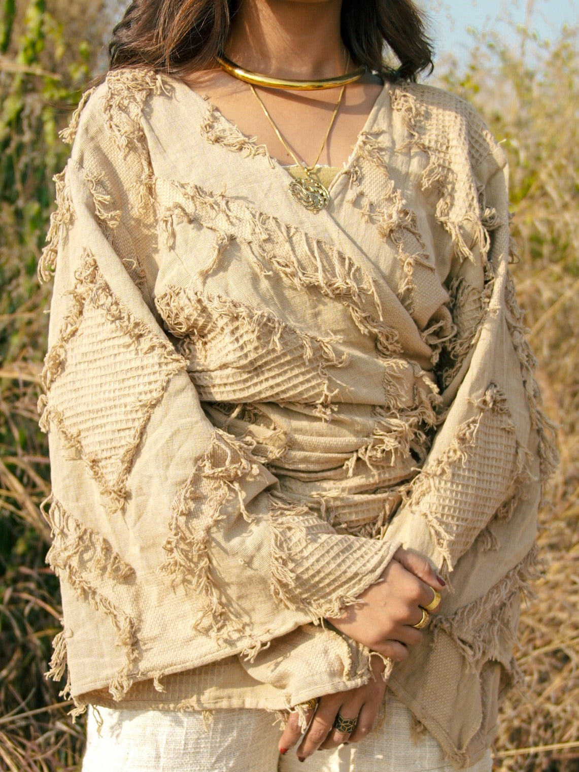 Desert Dori Raja Tie Wrap Top – Patch Work Jute Top with Bell Sleeves