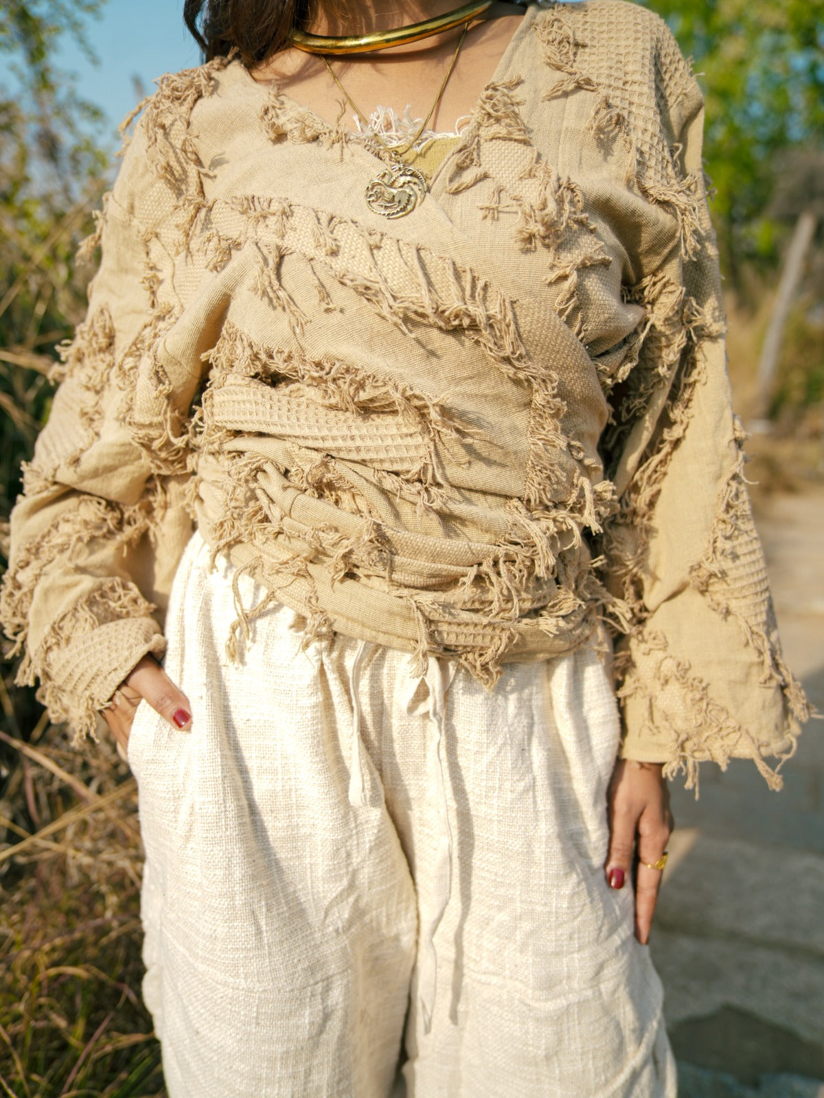 Desert Dori Raja Tie Wrap Top – Patch Work Jute Top with Bell Sleeves