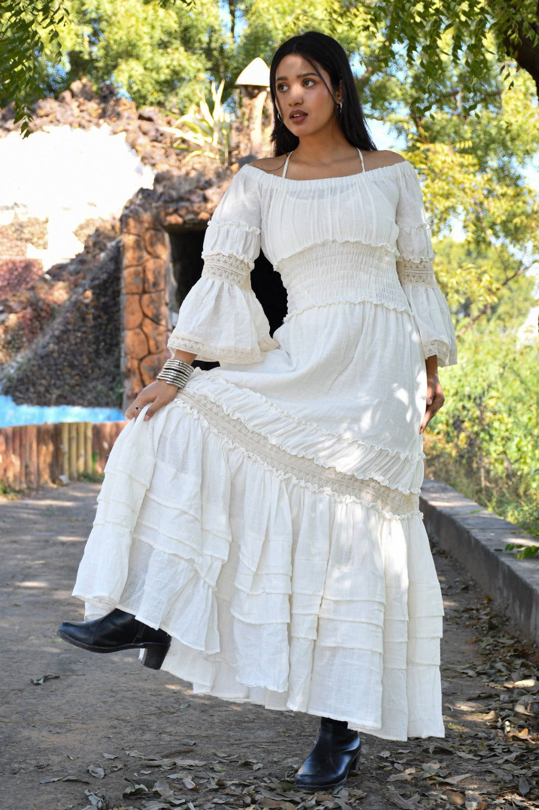 Desert Dori Women’s Frill Border Off Shoulder Cotton Maxi Dress