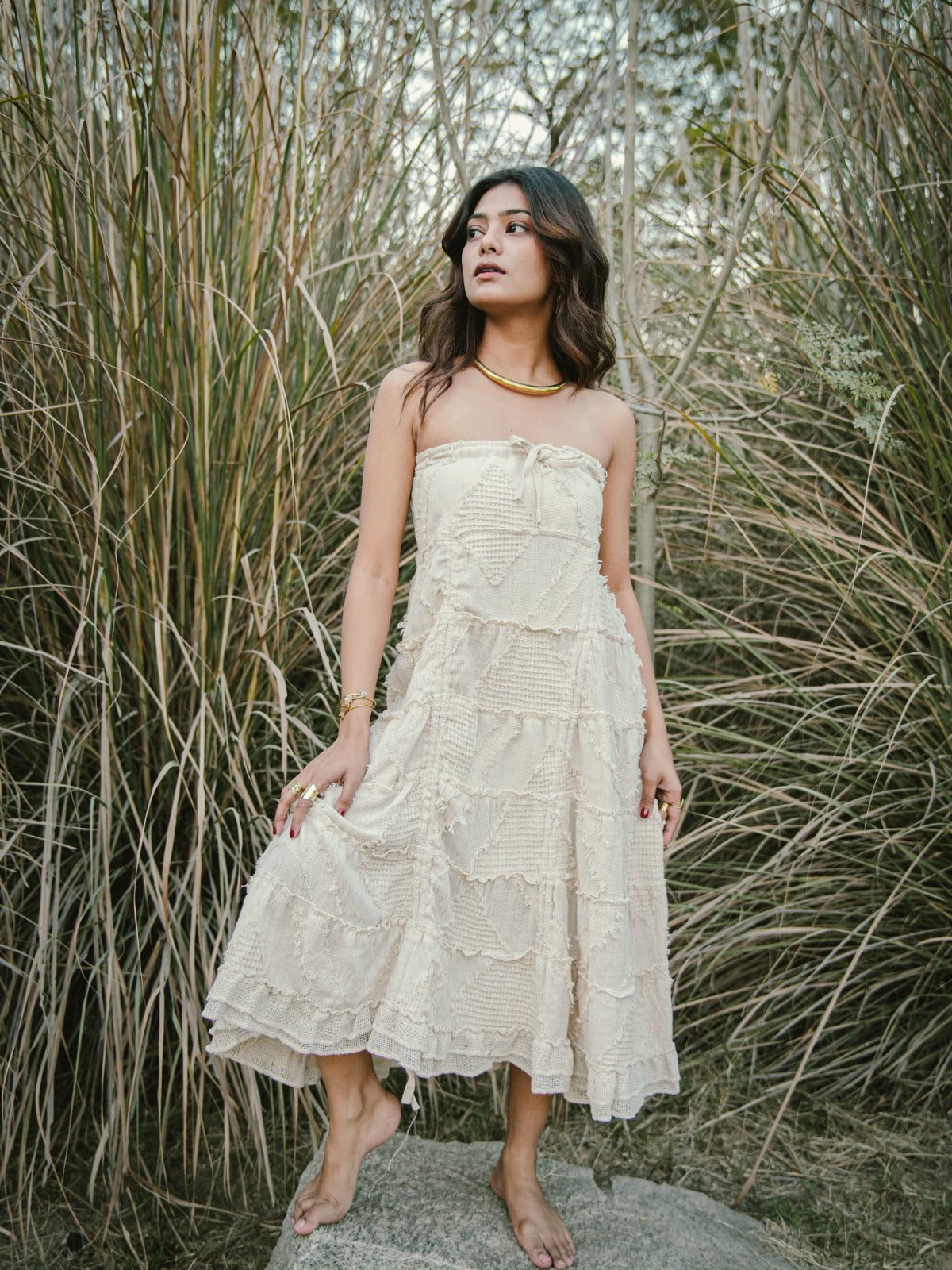 White Strapless Cotton Dress – Textured Layered Tube Dress - by Desert Dori
