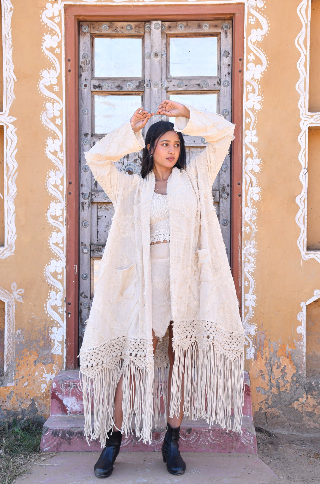 Desert Dori Women’s Cotton Tasseled Kimono Cover-Up with Lace Detailing