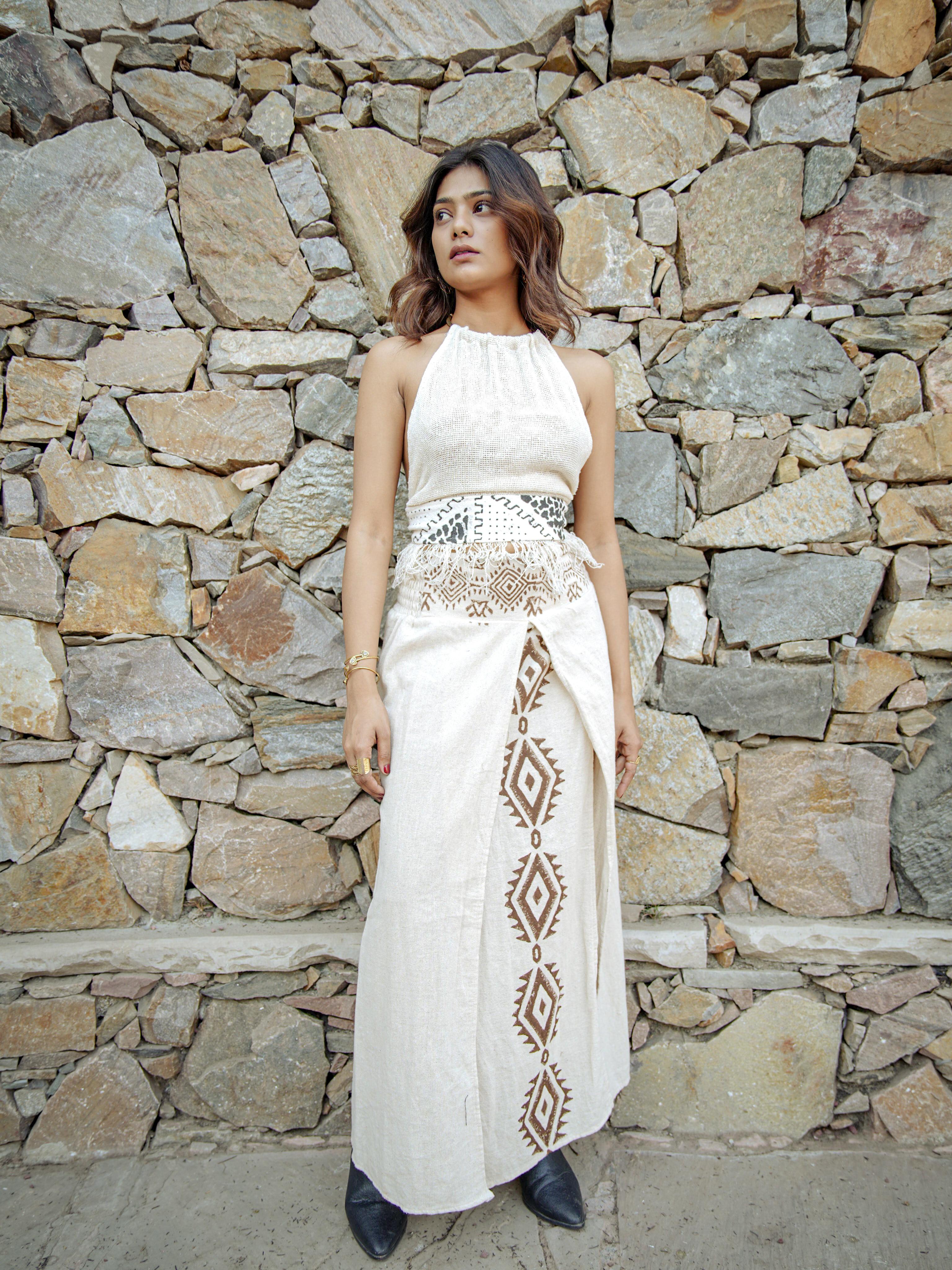 Desert Dori Off-White Block Print Cotton Long Slit Skirt for Women
