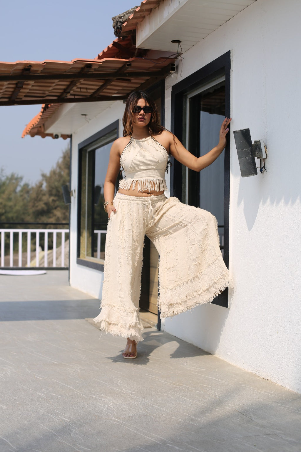 Desert Dori Women’s Primitive Cotton Cut Work Top with Flowy Palazzo Trouser Set
