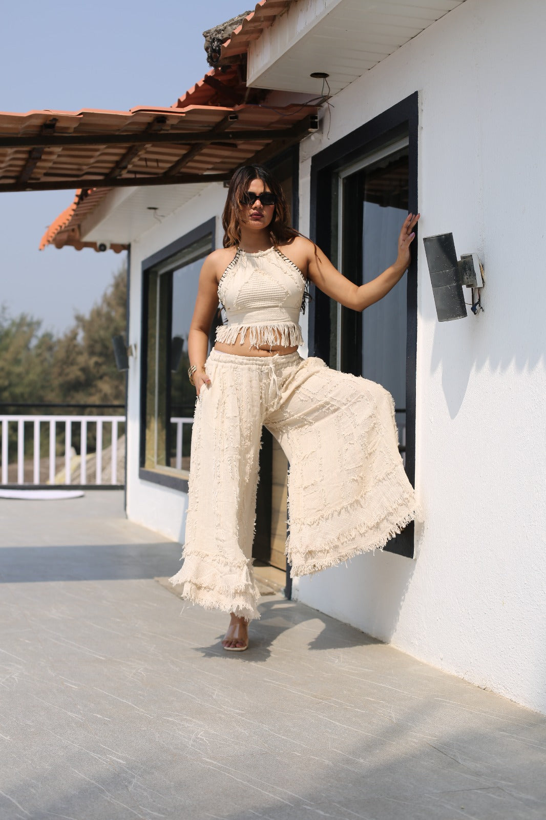 Desert Dori Women’s Primitive Cotton Cut Work Top with Flowy Palazzo Trouser Set