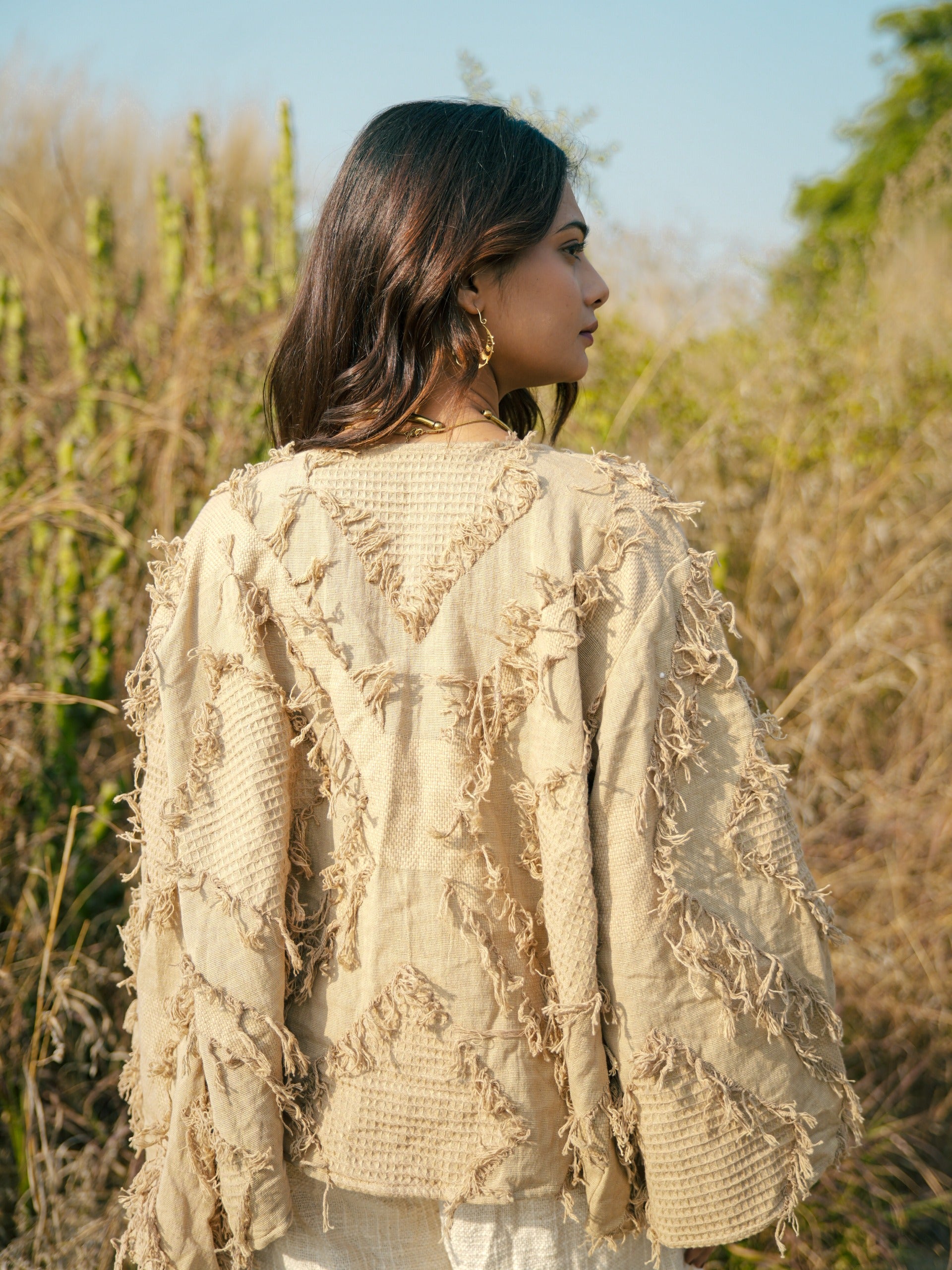 Desert Dori Raja Tie Wrap Top – Patch Work Jute Top with Bell Sleeves