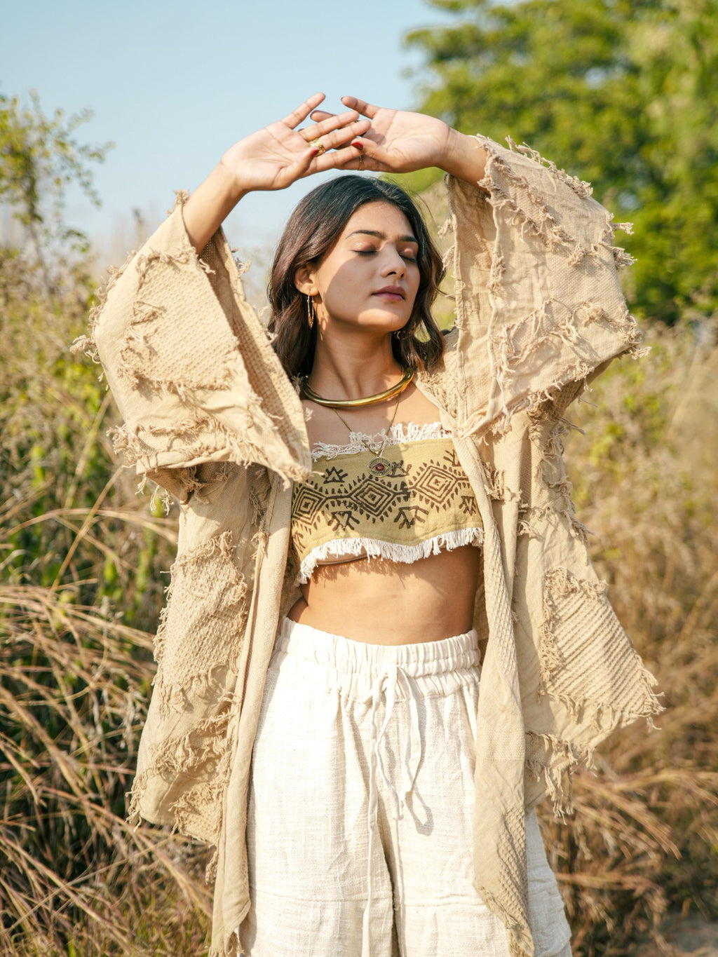 Desert Dori Raja Tie Wrap Top – Patch Work Jute Top with Bell Sleeves