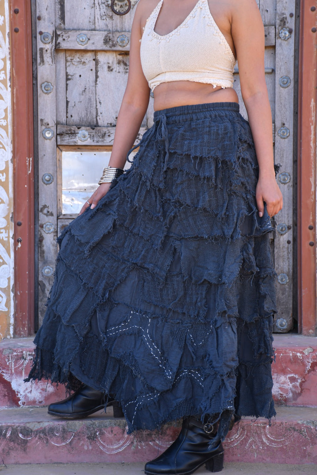 Desert Dori Women’s Black Ruffle Cotton Long Skirt