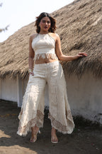 Desert Dori Women’s Primitive Cut Work Top & Block Printed Palazzo Trouser Set