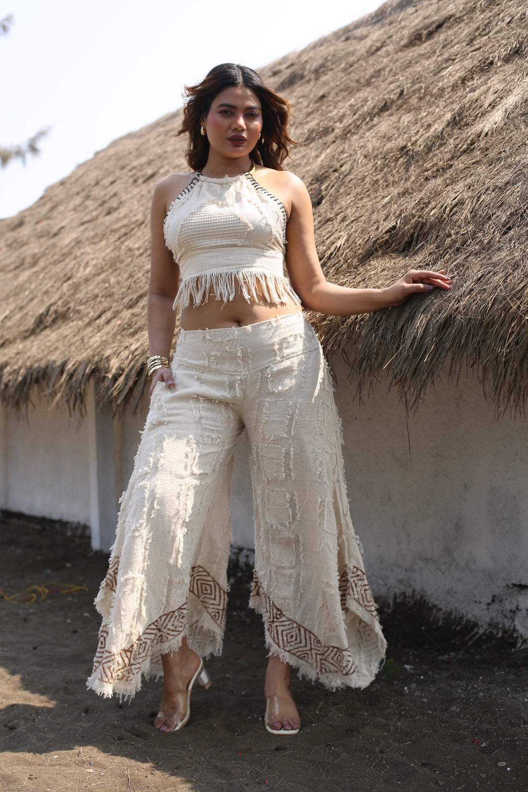 Desert Dori Women’s Primitive Cut Work Top & Block Printed Palazzo Trouser Set