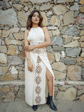 Desert Dori Off-White Block Print Cotton Long Slit Skirt for Women
