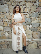 Desert Dori Off-White Block Print Cotton Long Slit Skirt for Women