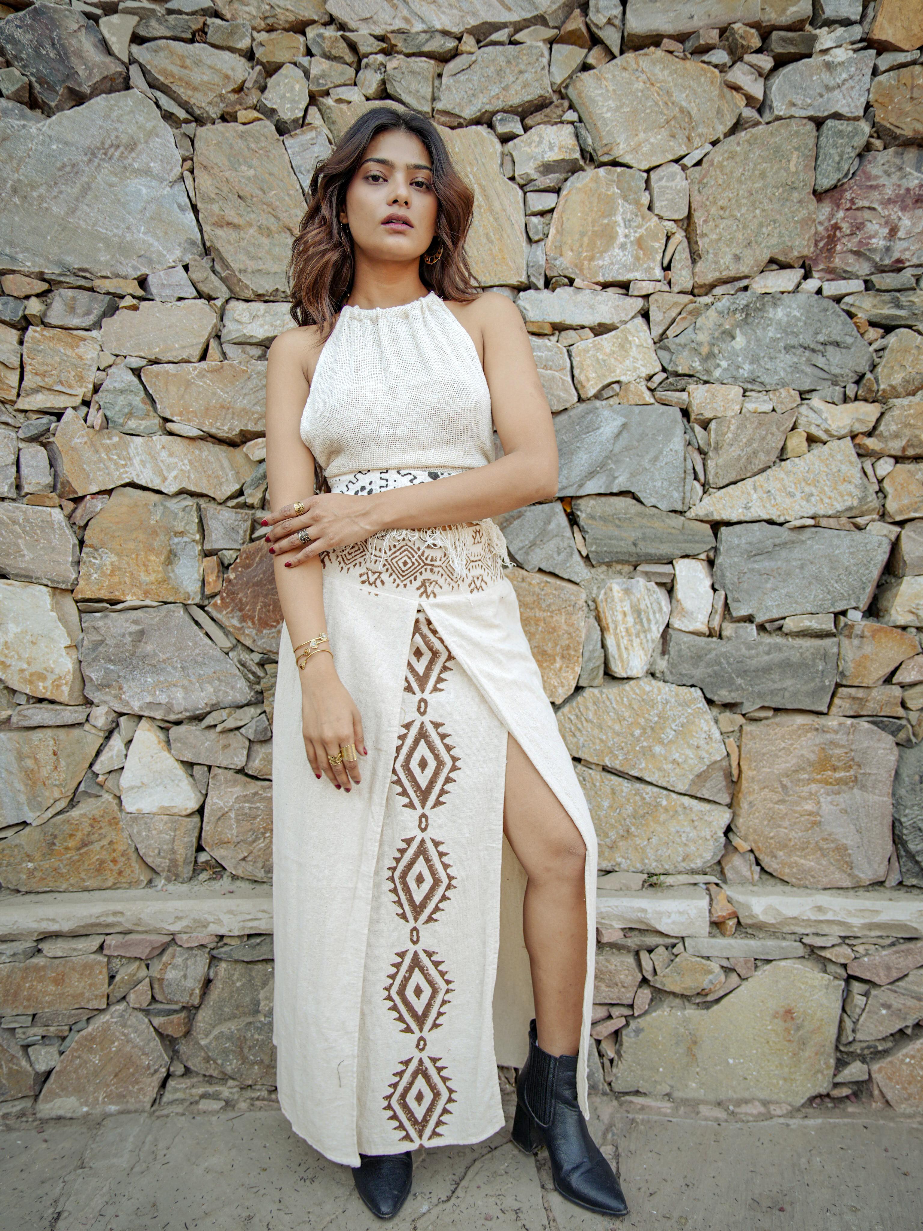 Desert Dori Off-White Block Print Cotton Long Slit Skirt for Women