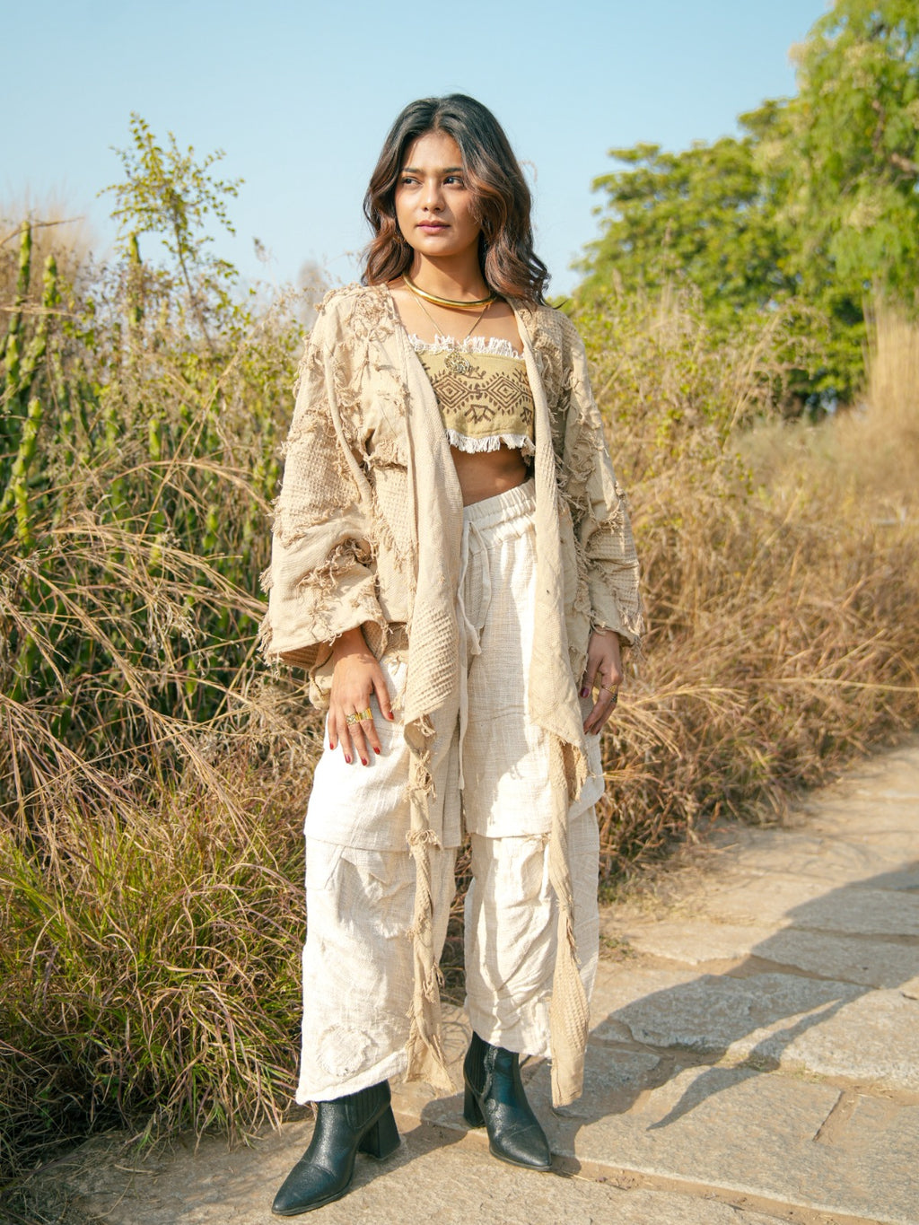 Desert Dori Raja Tie Wrap Top – Patch Work Jute Top with Bell Sleeves