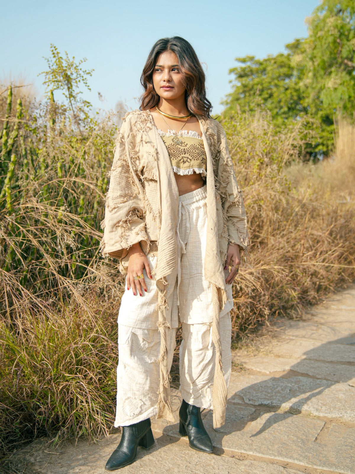Desert Dori Raja Tie Wrap Top – Patch Work Jute Top with Bell Sleeves
