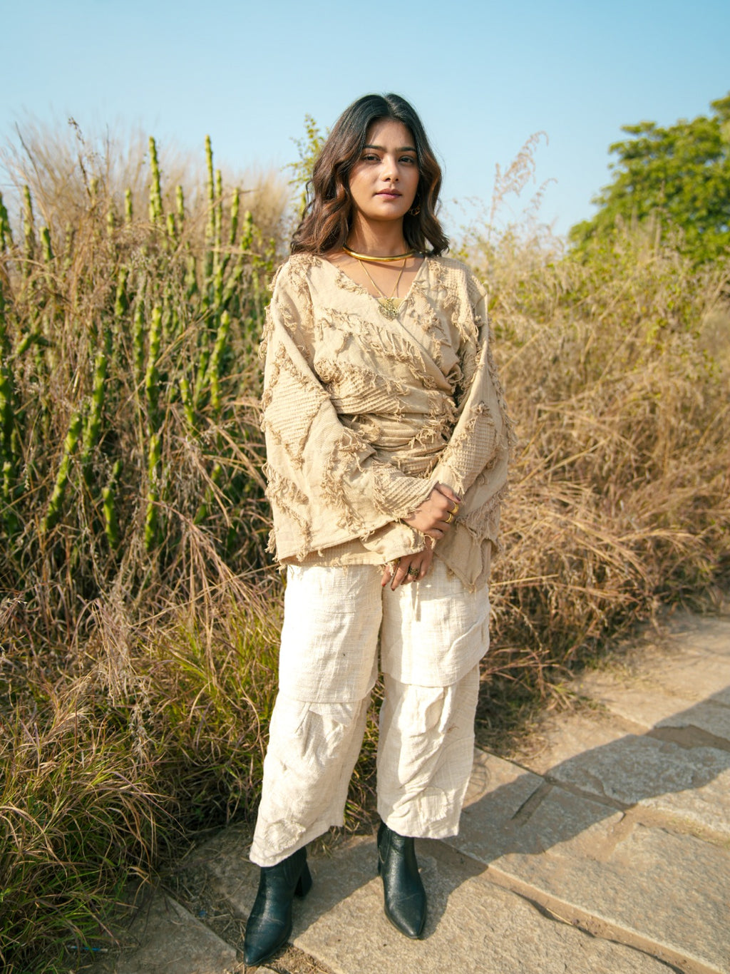 Desert Dori Raja Tie Wrap Top – Patch Work Jute Top with Bell Sleeves