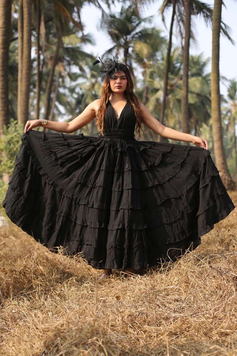 Desert Dori Women’s Black Long Flared Cotton Maxi Dress