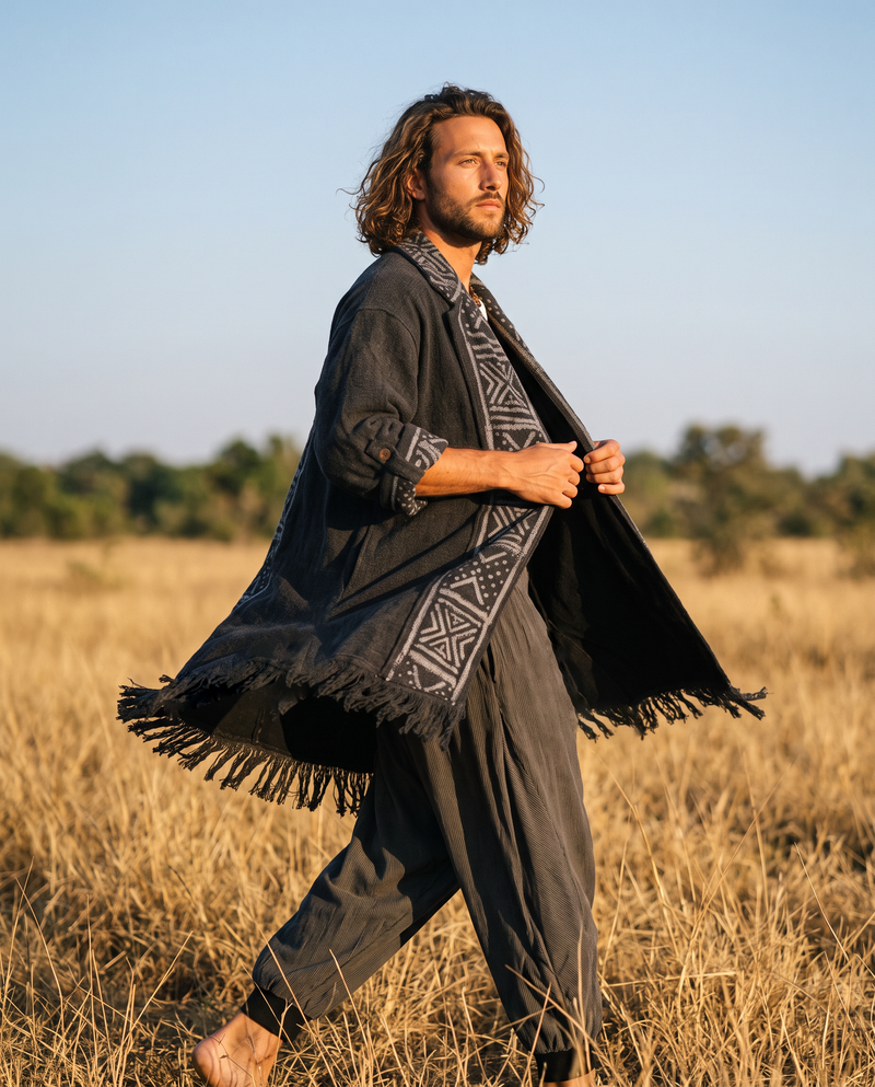 Unisex Cotton Kimono Robe, Tribal Fringe Boho Jacket, Festival Cover Up