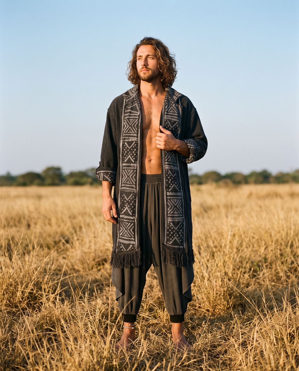 Unisex Cotton Kimono Robe, Tribal Fringe Boho Jacket, Festival Cover Up