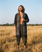 Unisex Cotton Kimono Robe, Tribal Fringe Boho Jacket, Festival Cover Up