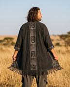 Unisex Cotton Kimono Robe, Tribal Fringe Boho Jacket, Festival Cover Up