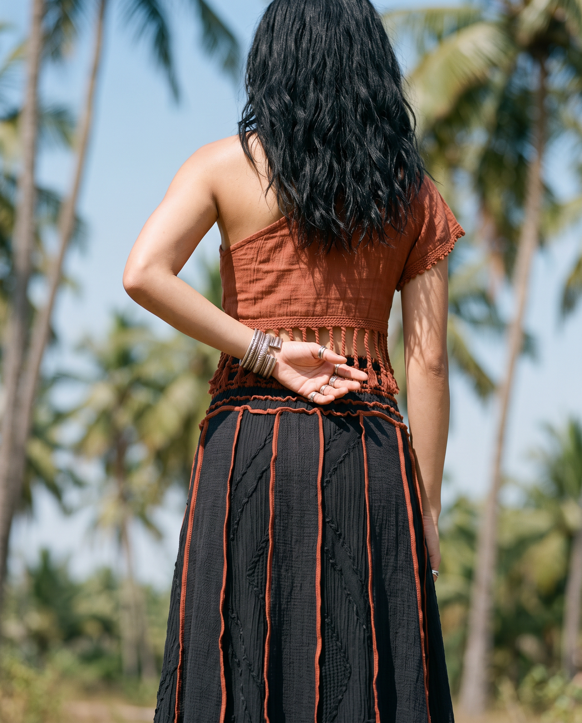 Boho Cotton Maxi Skirt, Black Flowy Long Skirt, Hippie Festival Skirt, Handmade Free Size Skirt