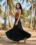 Boho Cotton Maxi Skirt, Black Flowy Long Skirt, Hippie Festival Skirt, Handmade Free Size Skirt