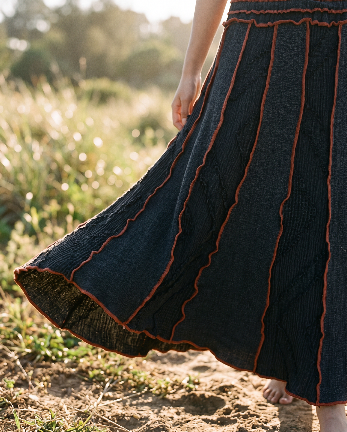 Boho Cotton Maxi Skirt, Black Flowy Long Skirt, Hippie Festival Skirt, Handmade Free Size Skirt
