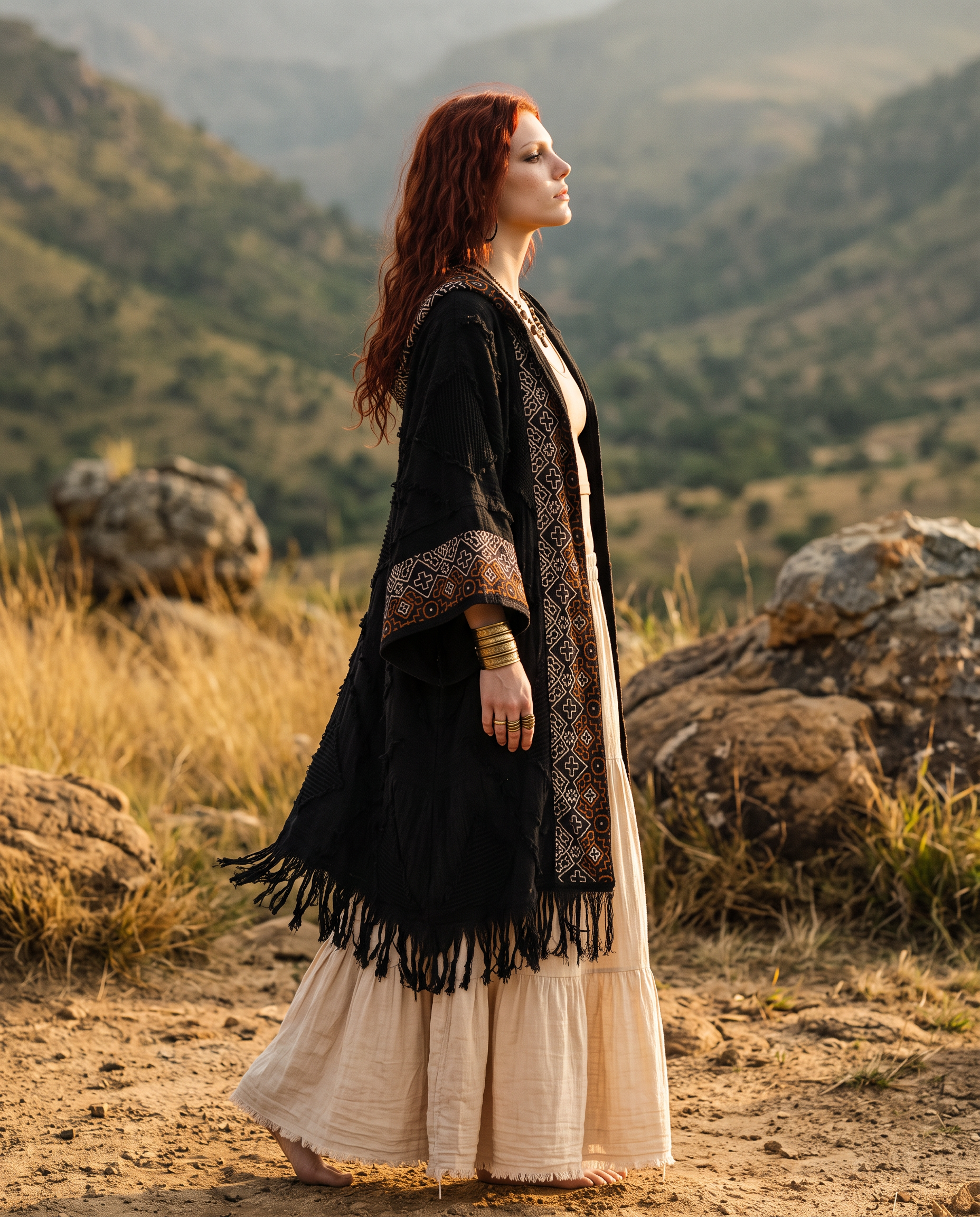 Model in cotton kimono walking through desert rock canyon