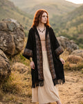 Boho cotton block print kimono with hood and fringe hem, side profile