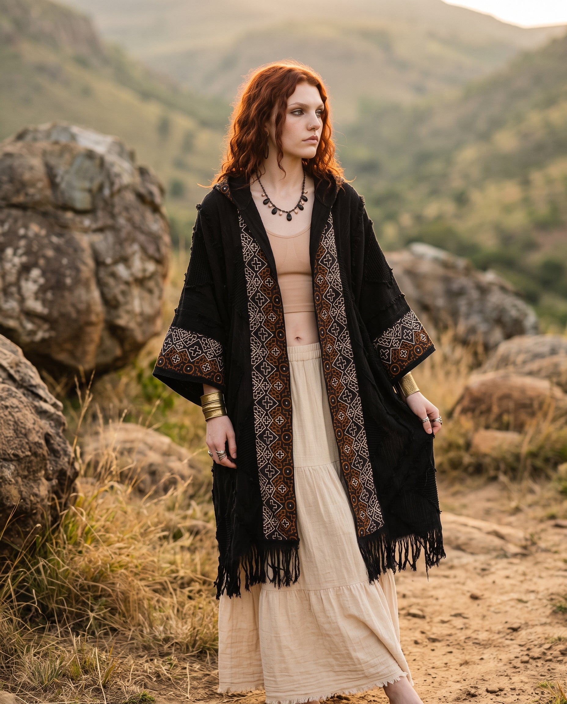 Boho cotton block print kimono with hood and fringe hem, side profile