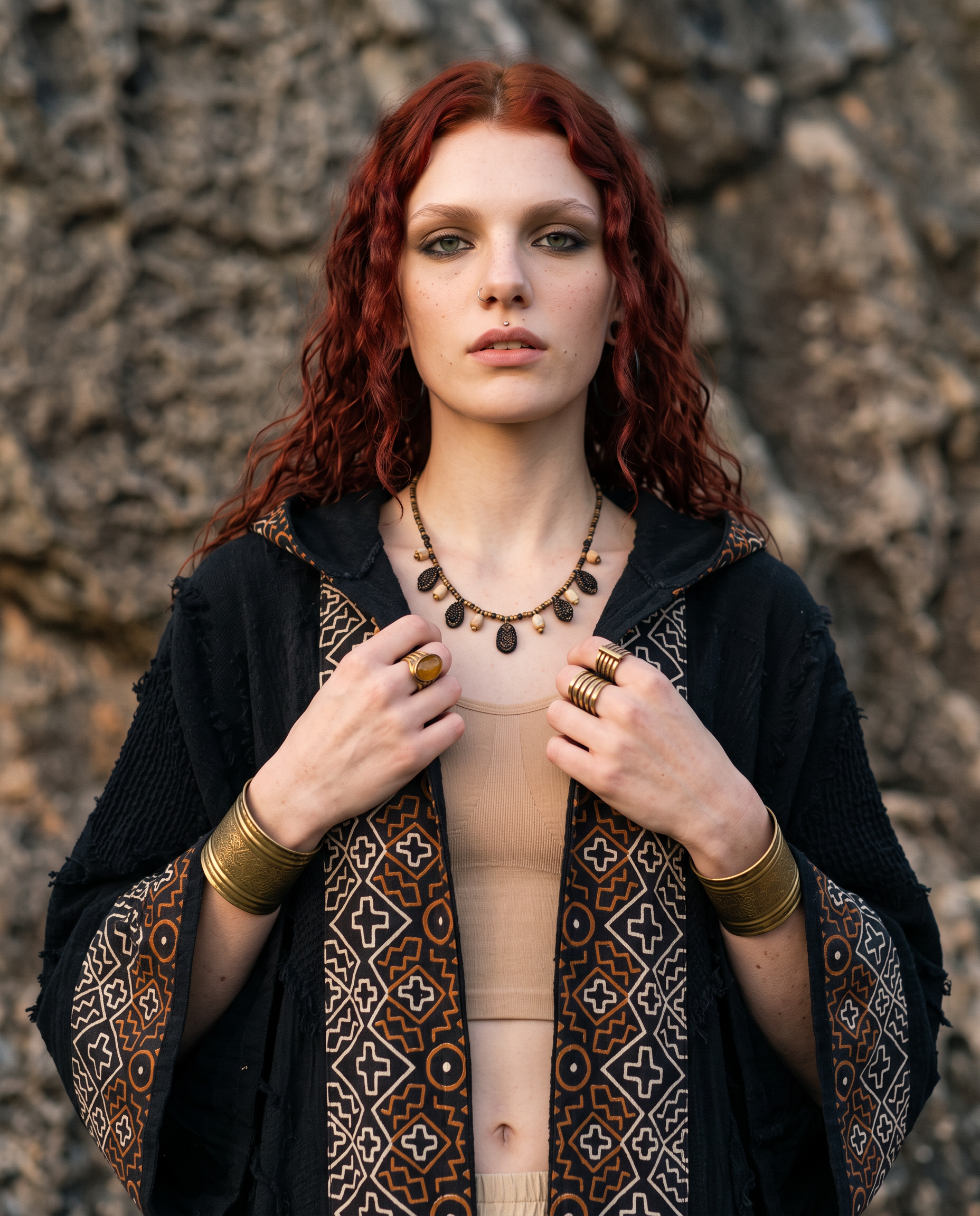 Back view of boho kimono showing hood and tribal block print trim