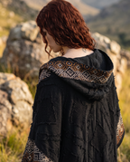 Close up of block print kimono hood detail on model shoulder