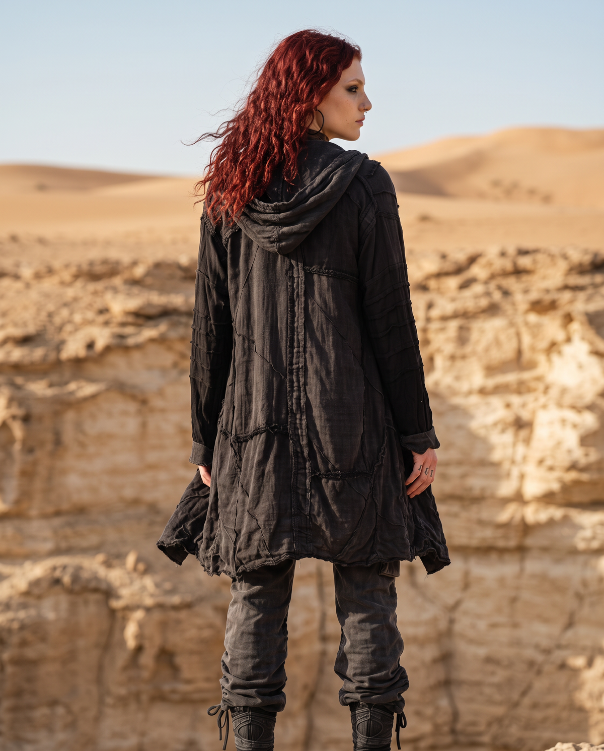 Black Hooded Kimono Duster, Boho Gothic Festival Jacket, Oversized Open Front Cardigan