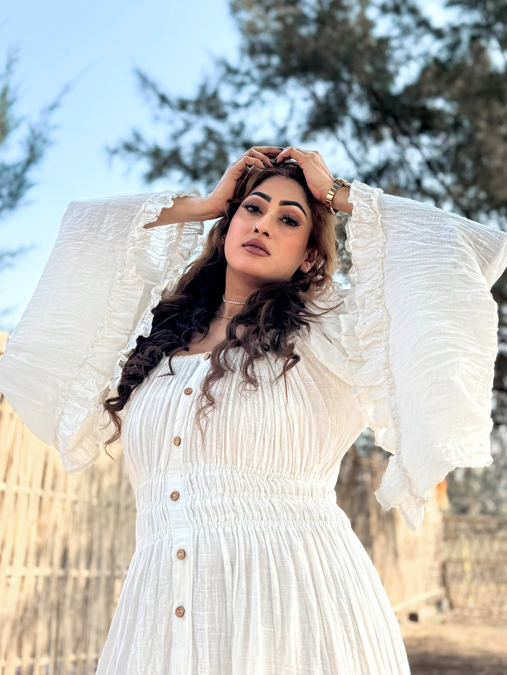 White Long Sleeve Maxi Dress for Women