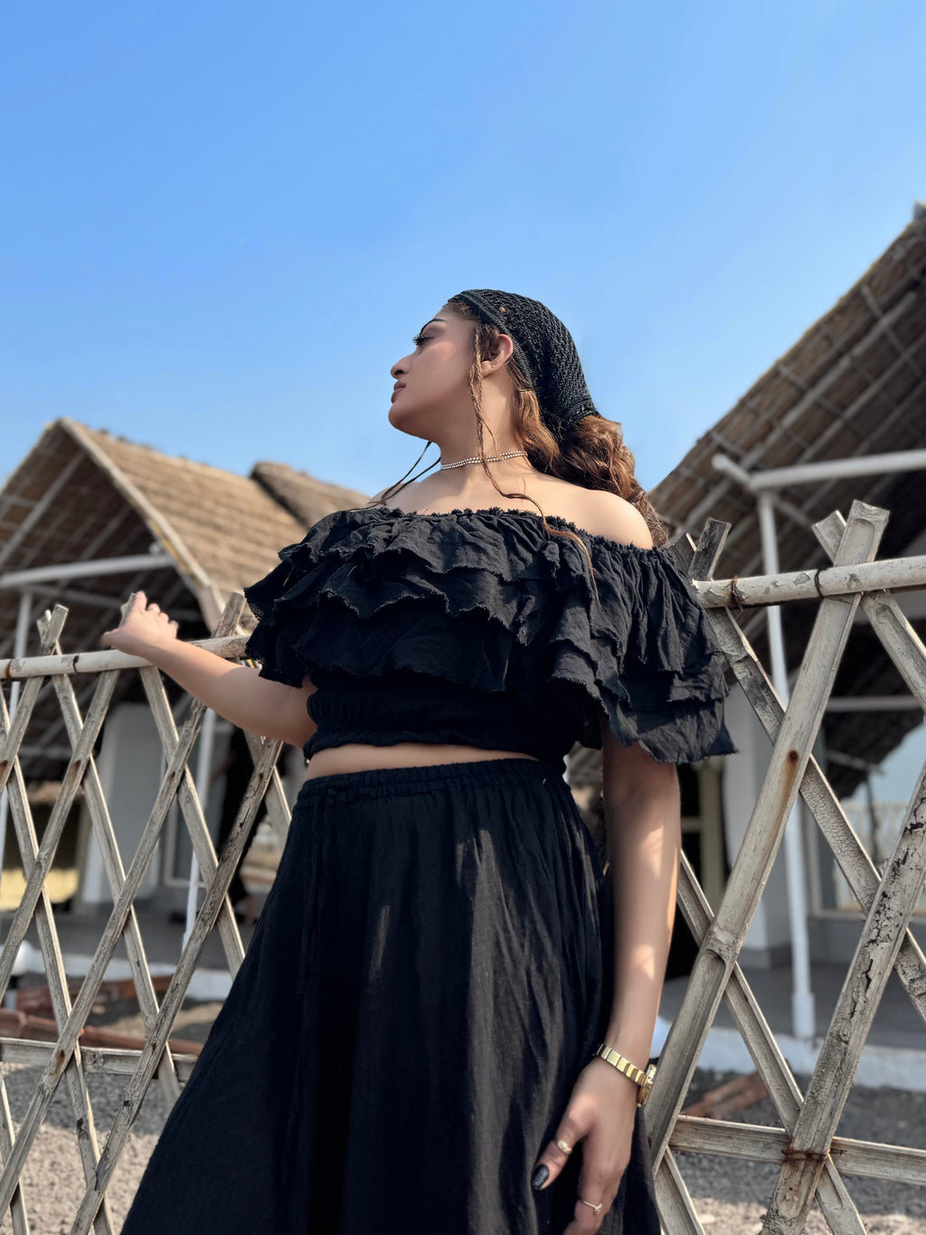 Black Boho Ruffle Off-Shoulder Crop Top & Skirt Set