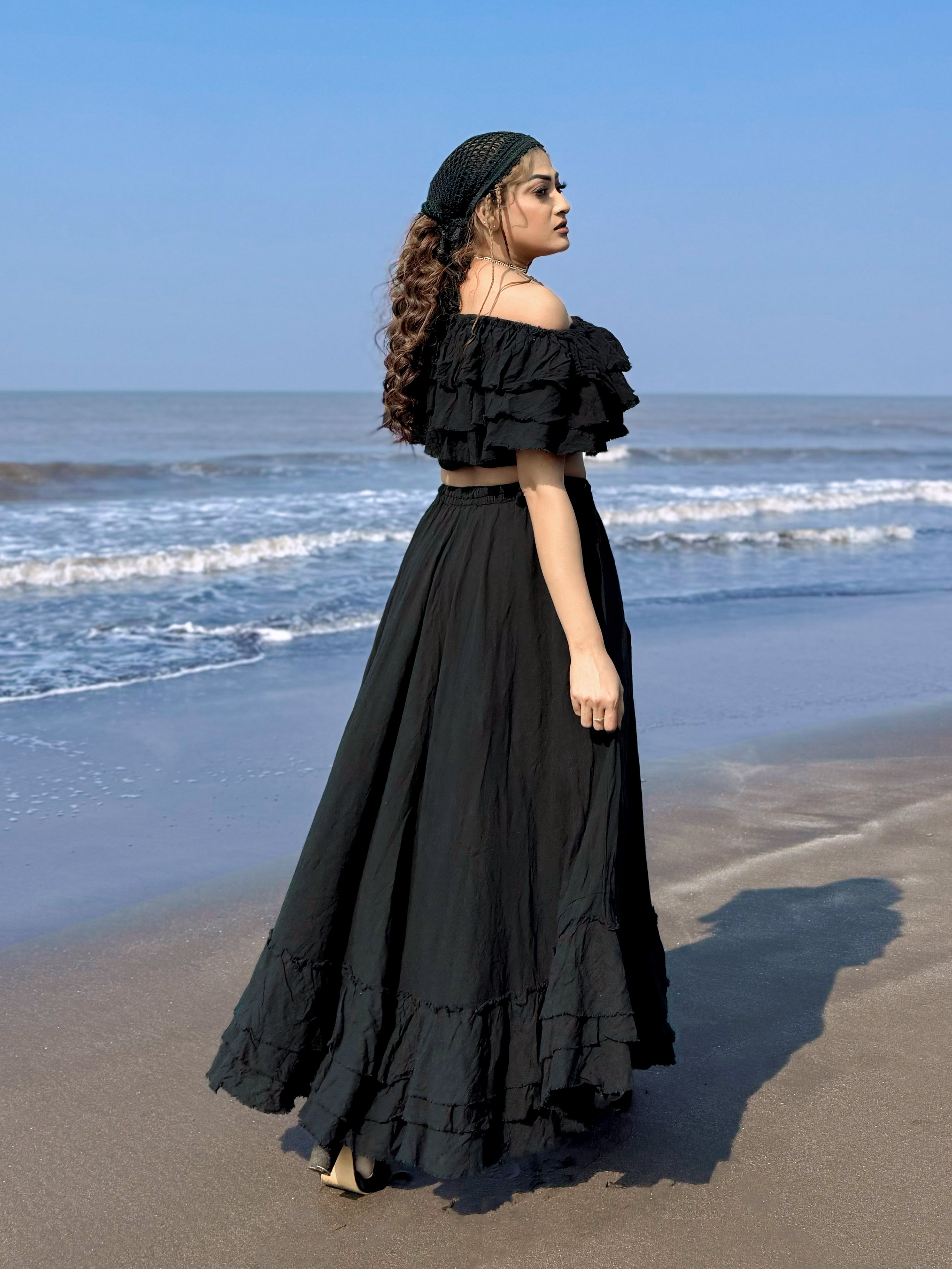 Black Boho Ruffle Off-Shoulder Crop Top & Skirt Set