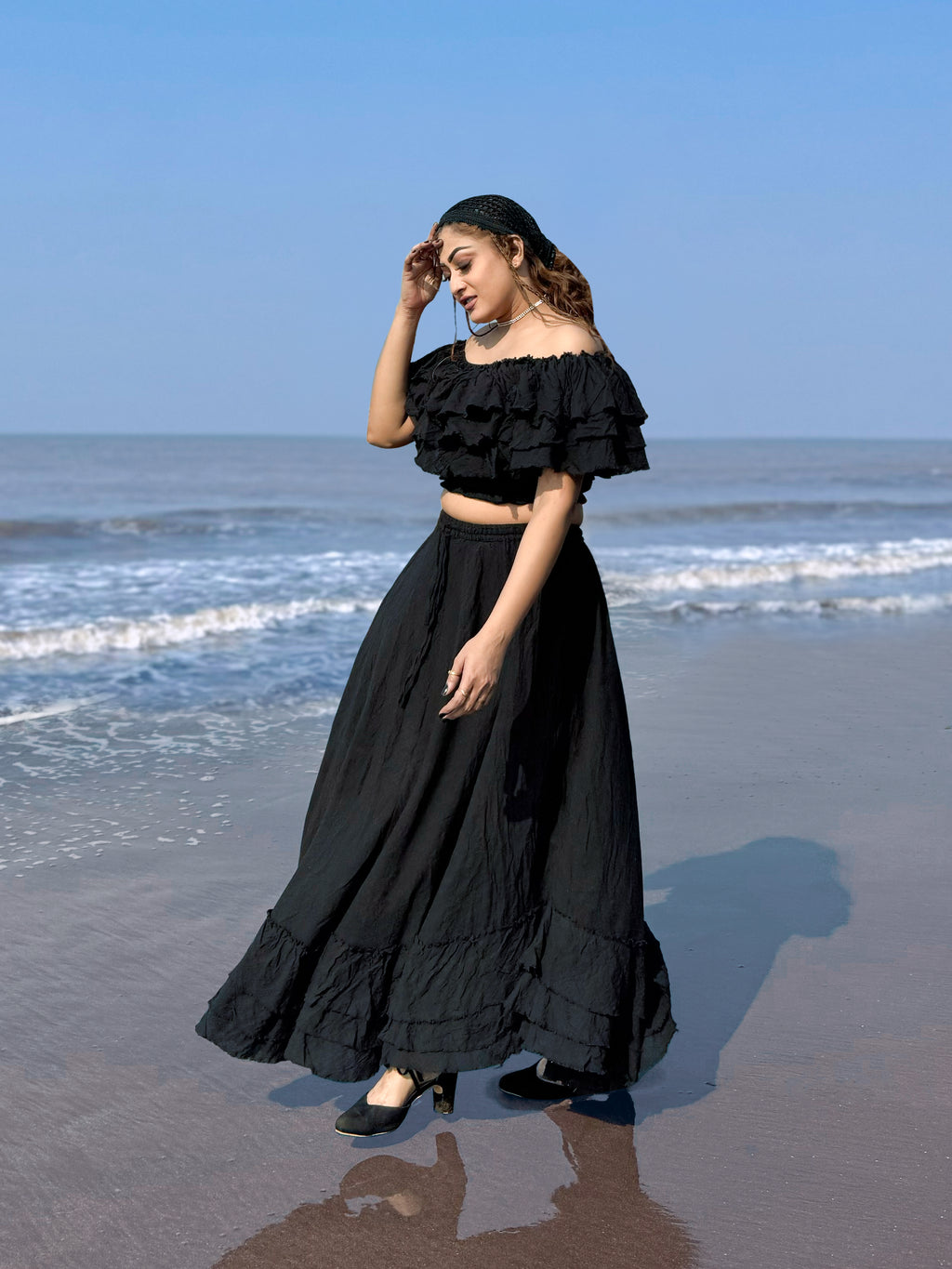 Black Boho Ruffle Off-Shoulder Crop Top & Skirt Set