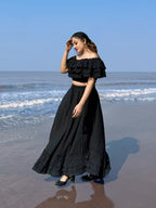 Black Boho Ruffle Off-Shoulder Crop Top & Skirt Set