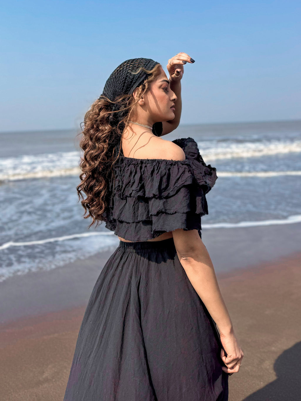Black Boho Ruffle Off-Shoulder Crop Top & Skirt Set