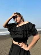 Black Boho Ruffle Off-Shoulder Crop Top & Skirt Set