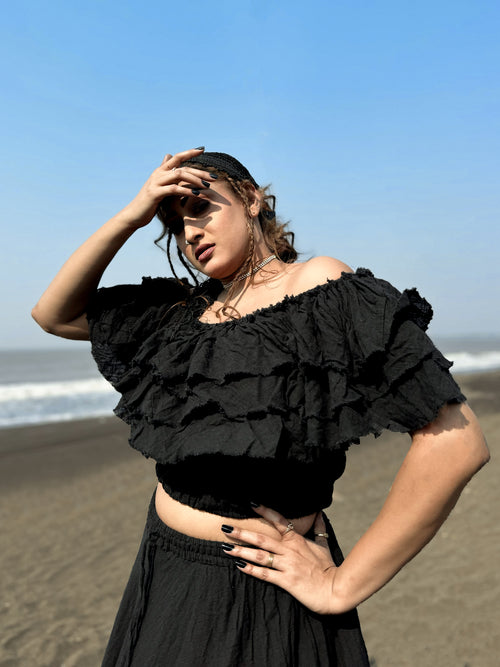 Black Boho Ruffle Off-Shoulder Crop Top & Skirt Set