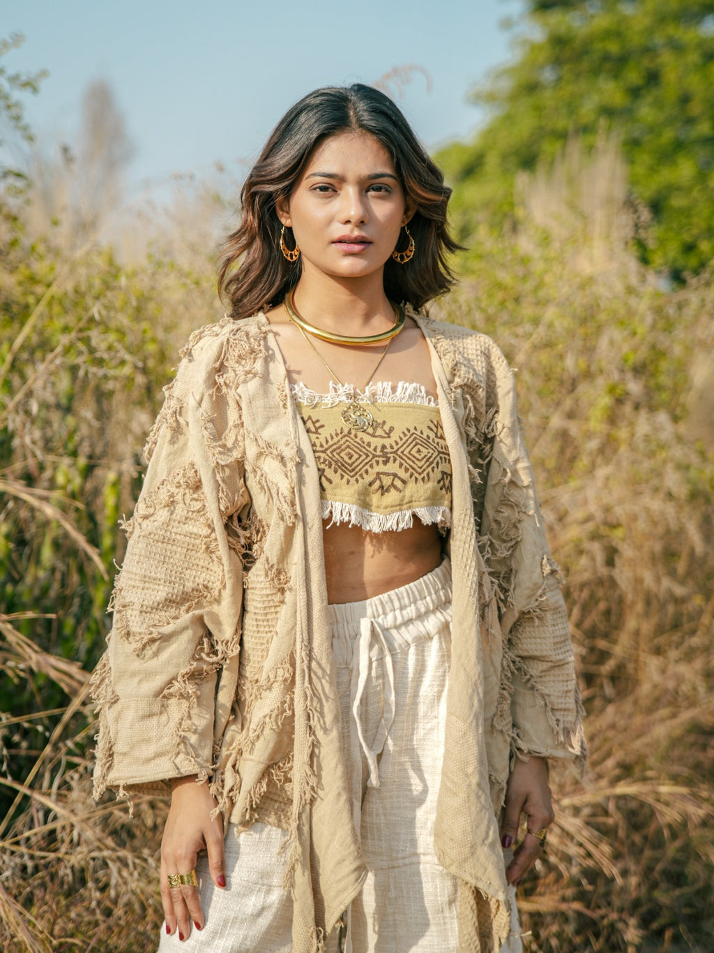 Desert Dori Raja Tie Wrap Top – Patch Work Jute Top with Bell Sleeves