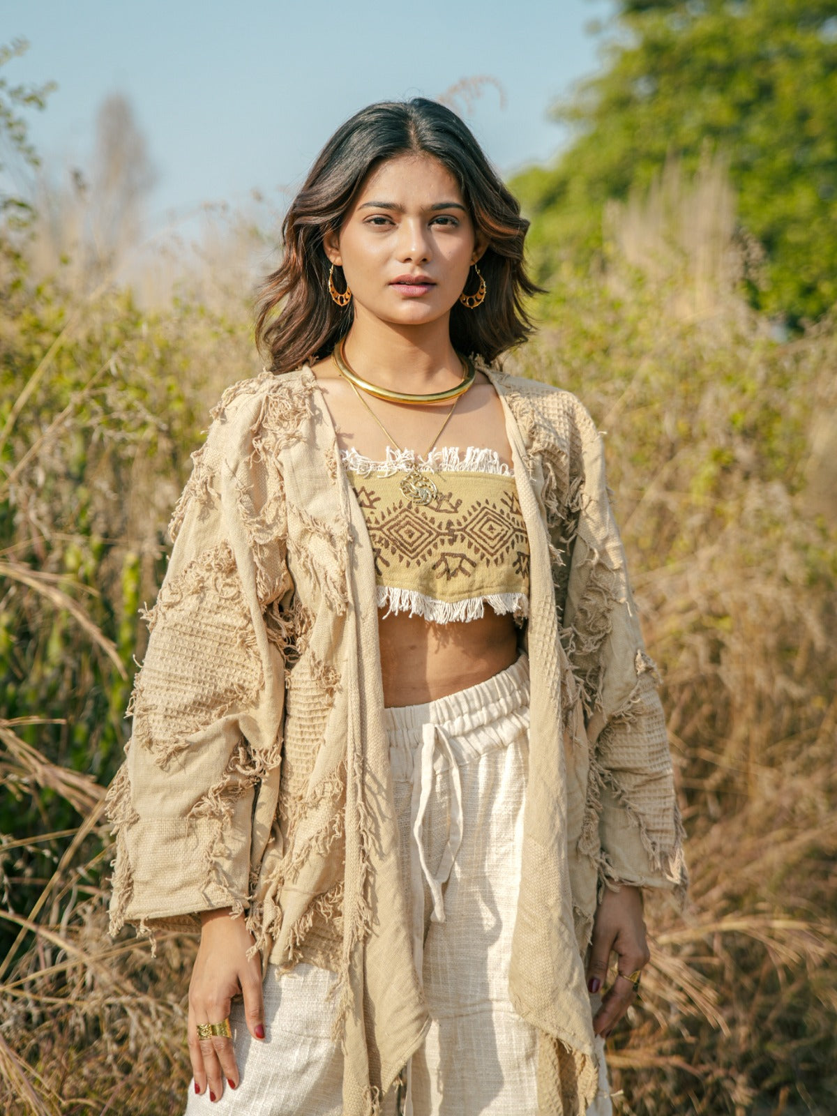 Desert Dori Raja Tie Wrap Top – Patch Work Jute Top with Bell Sleeves