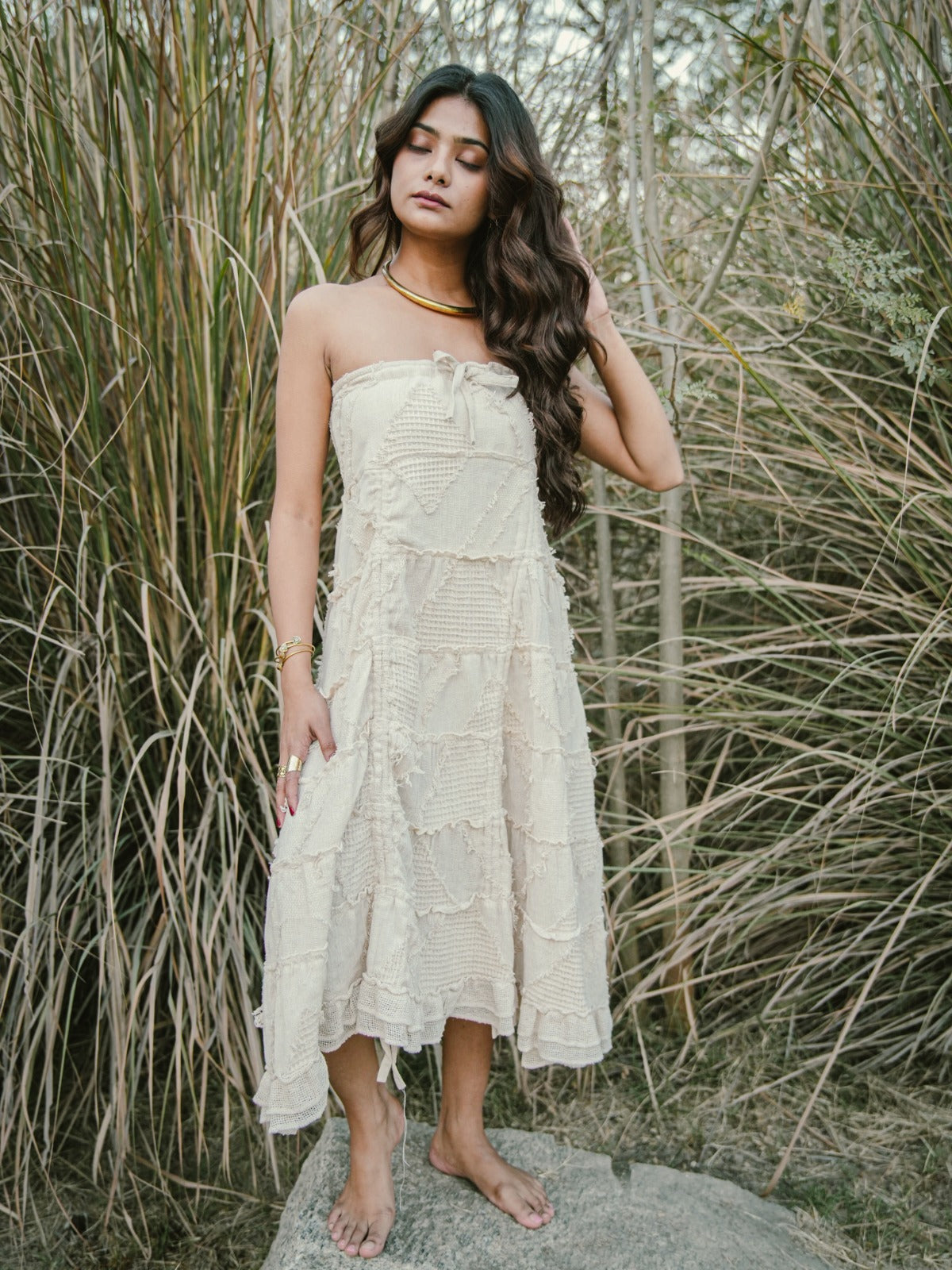 White Strapless Cotton Dress – Textured Layered Tube Dress - by Desert Dori