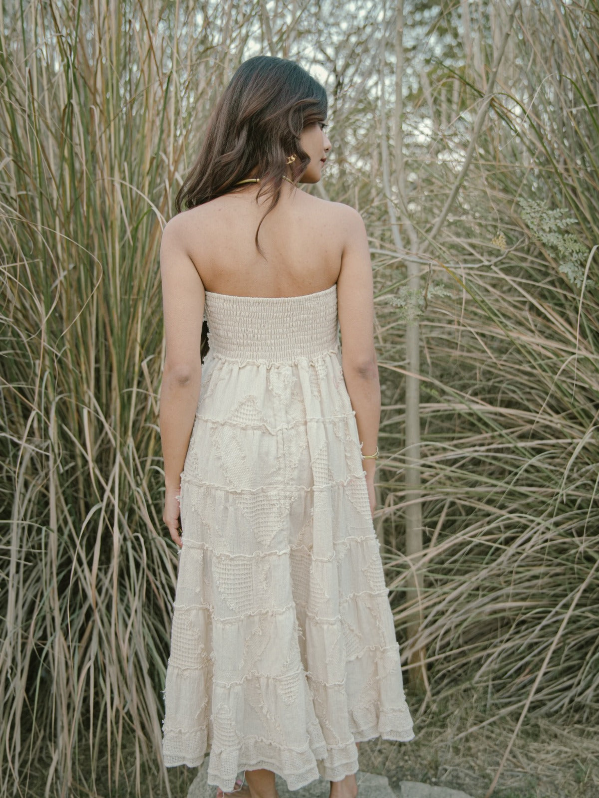 White Strapless Cotton Dress – Textured Layered Tube Dress - by Desert Dori