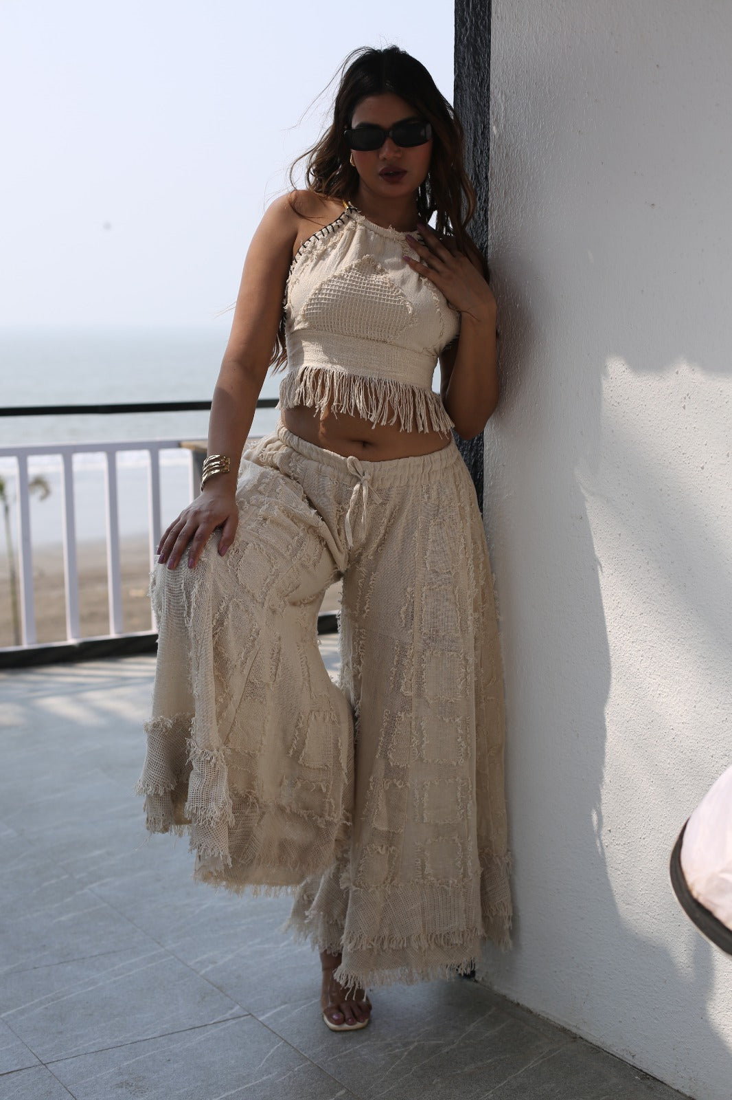 Desert Dori Women’s Primitive Cotton Cut Work Top with Flowy Palazzo Trouser Set