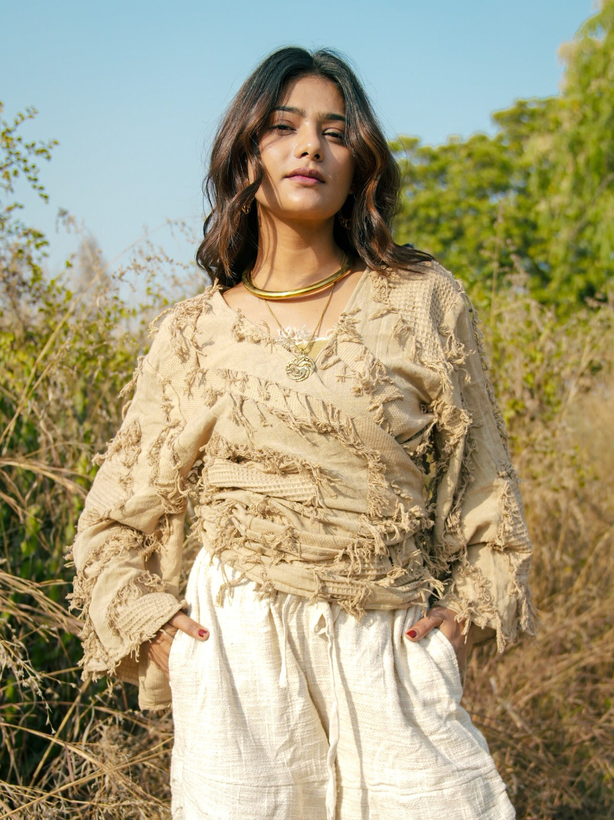 Desert Dori Raja Tie Wrap Top – Patch Work Jute Top with Bell Sleeves